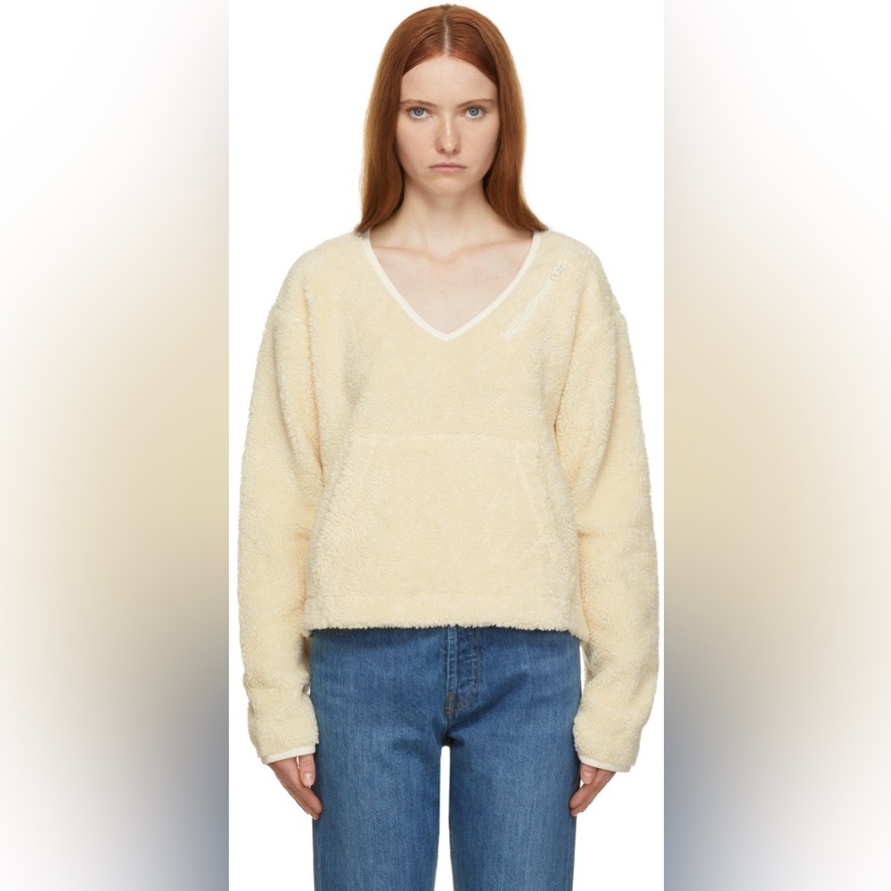 Helmut Lang Off-White Cream Sherpa Fleece V-Neck Sweater, size M